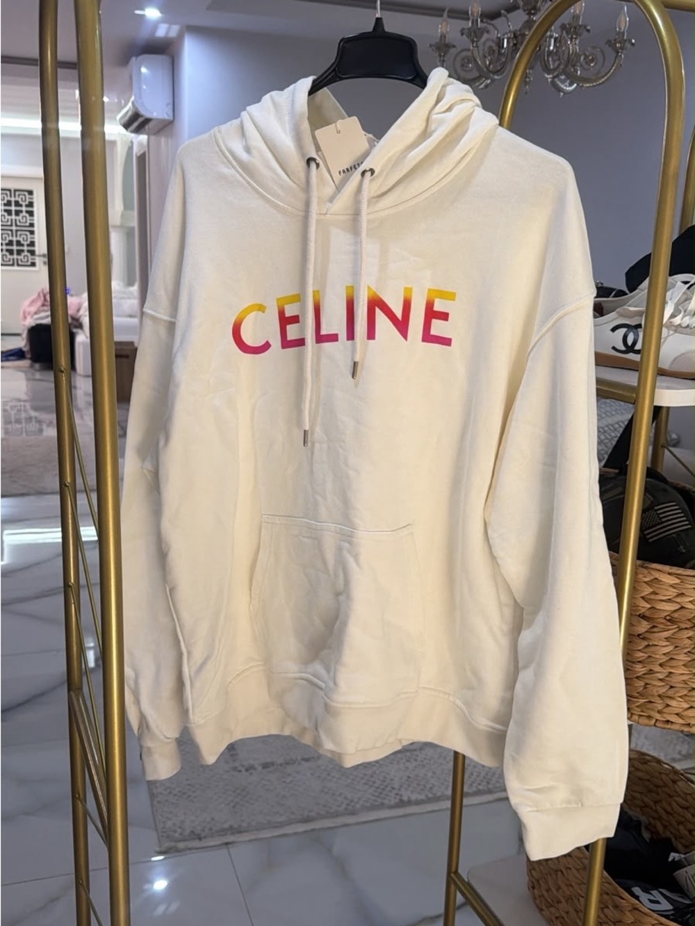 White Celine Drawstring Hoodie Pink and Yellow Monogram sz XL